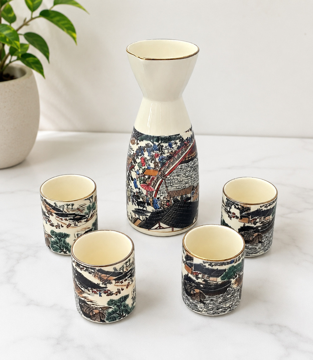 Vintage Japanese Sake Set Ceramic Carafe & 4 Cups Asian Village Scene Tea Set